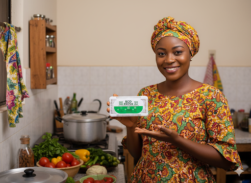 A woman presenting the Ecofresh Box in her kitchen