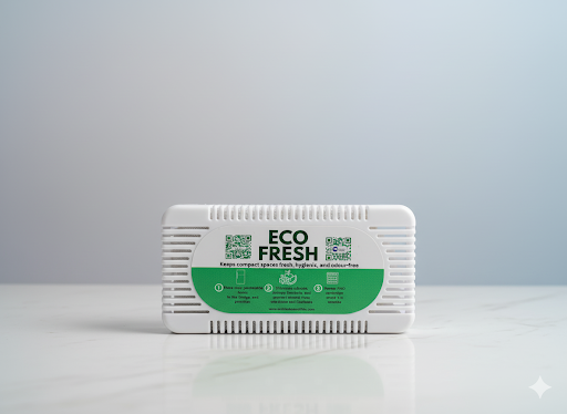 Close-up of the Ecofresh Box compact natural air purifier with its green label